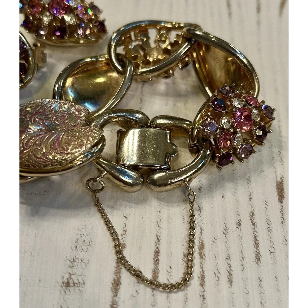 Vintage Rhinestone Enamel Bracelet Earrings Pink Purple Gold Floral Demi Parure‎